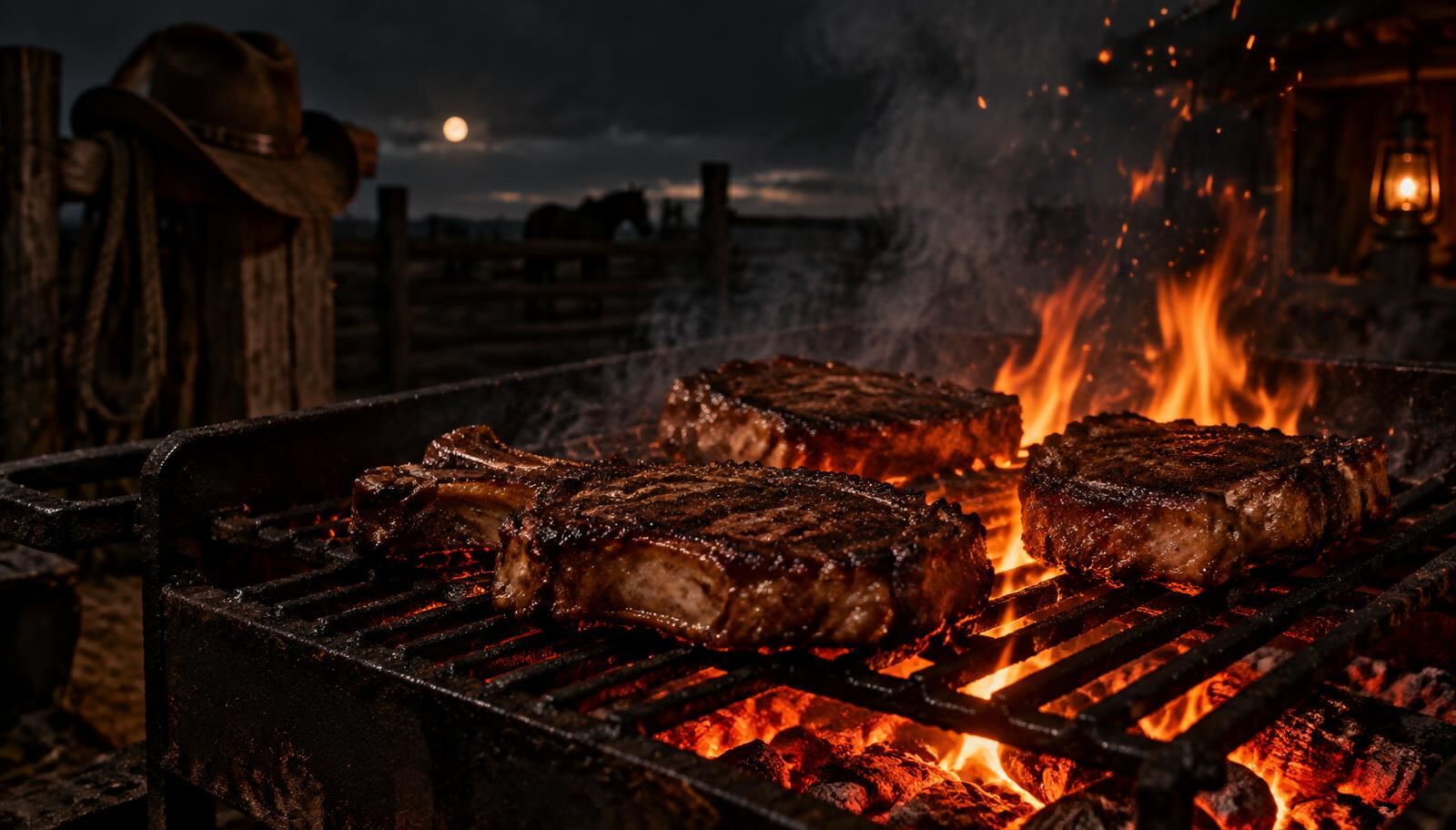 Steaks auf einem gusseisernen Grill über offener Glut bei Nacht